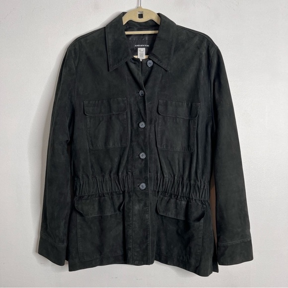 Jones New York Leather Field Jacket Women’s size Large Black Nubuck Button Front